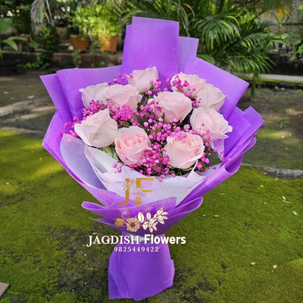 Pink rose with purple paper bouque