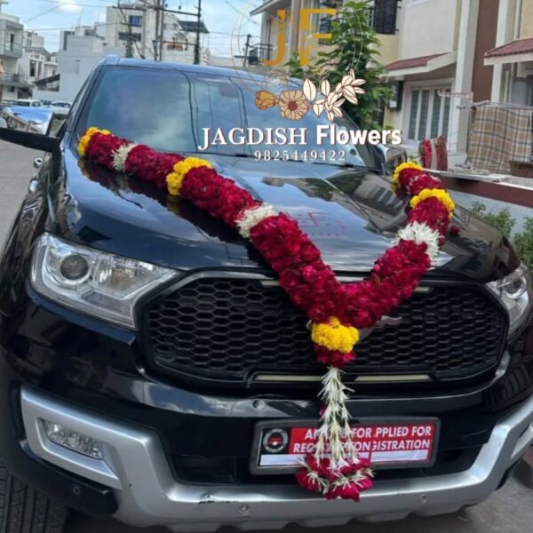 Red rose with white new car mala
