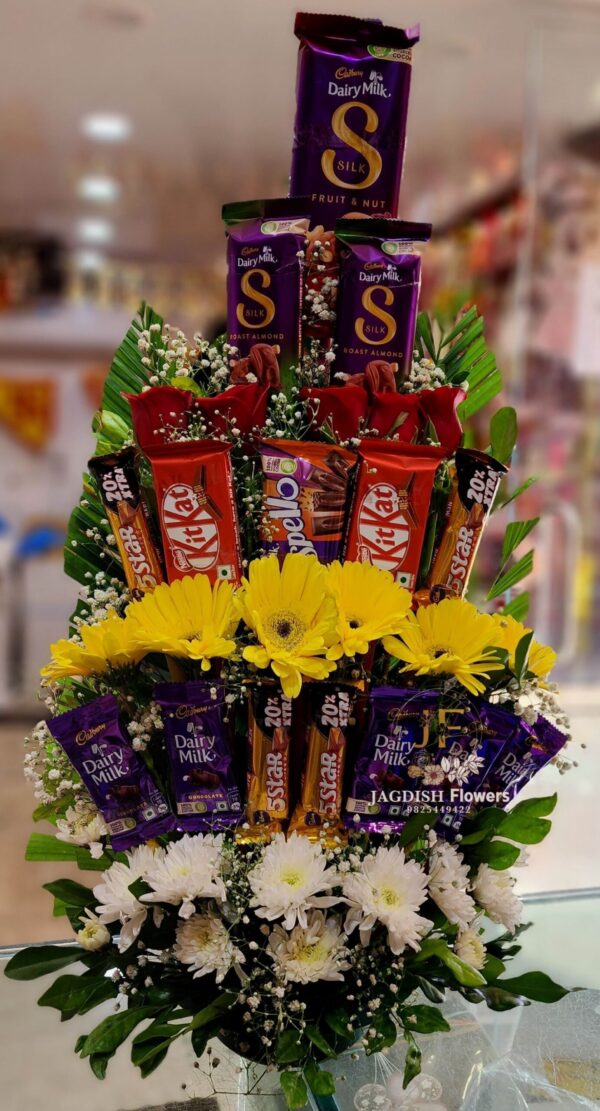 Yellow Sunflowers and White Chrysanthemum Chocolate Bouquet