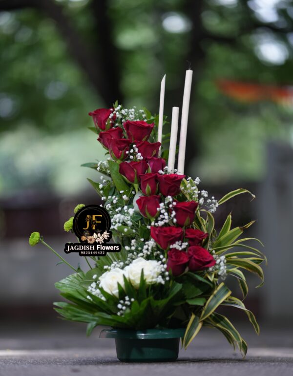Red  with white rose's bowl bouquet