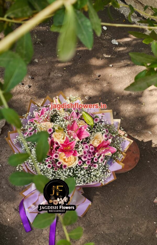 Pink lilium purple Sevanti roses gypso mix flower bouquet - Image 3