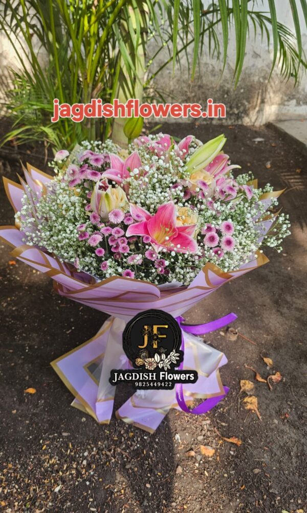 Pink lilium purple Sevanti roses gypso mix flower bouquet - Image 2