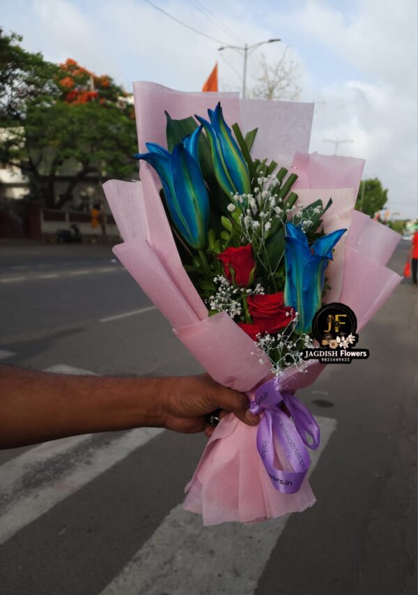 Beautiful Blue Lilium and Red Roses bouquet | by Jagdish Flowers - Image 2