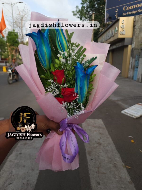 Beautiful Blue Lilium and Red Roses bouquet | by Jagdish Flowers