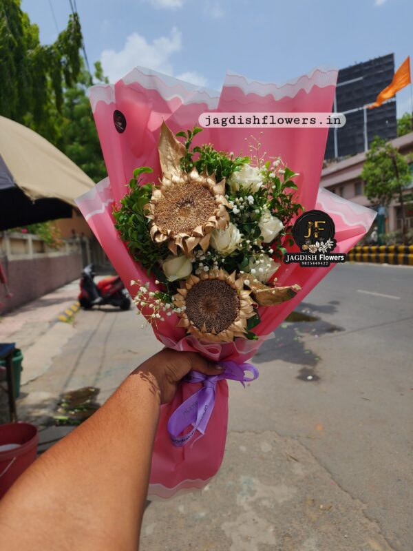 Dry Sunflowers And  White Roses Bouquet
