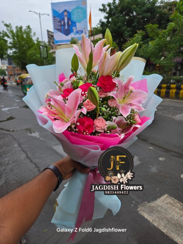 PINK LILIUM & CARNATIONS BOUQUET | BY JAGDISH FLOWERS