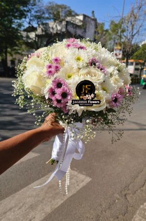 Sevanti white and purple button  White roses hand bunch | BY JAGDISH FLOWERS
